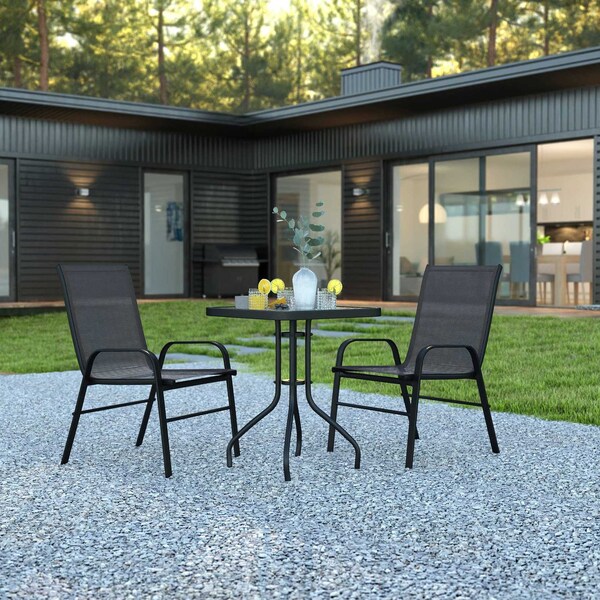Flash Furniture 3PC Patio Set-23.5SQ Glass Table, 2 Black Chairs TLH-073A1303C-GG - main